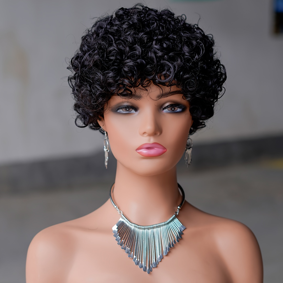 

Short Curly Wigs For Women Human Hair Pixie Cut Bouncy Curly Human Hair Wigs 180% Density Natural Black Color 6inch