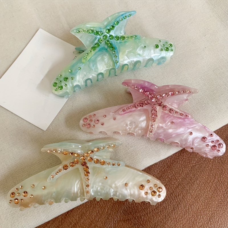 

Elegant Starfish Hair Clips, Large Size Shark Clip, Rhinestone Embellished, Multicolor Hair Grips For Women Styling Accessories