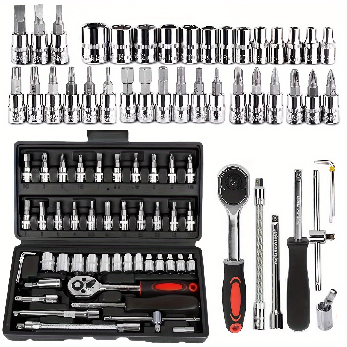 

46pcs Tool Set, Ratchet Drive Wrench, Metric Socket Screwdriver Head, Suitable For Repairing Cars, Motorcycles, Bicycles And Other Kit Spare Tools, Plastic Box Set