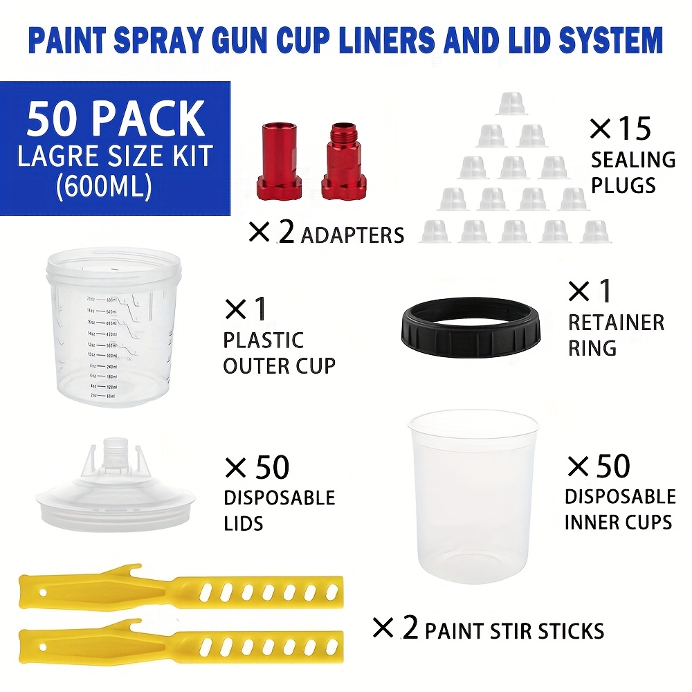 Image of 50pcs 20.3oz/600ml Large Capacity Disposable Paint Spray Cup Mixing Cup - Replaceable Spray Gun Pot, Equipped With Clear Scale, Lid, Adapter And Stir Rod, Used For Car Painting