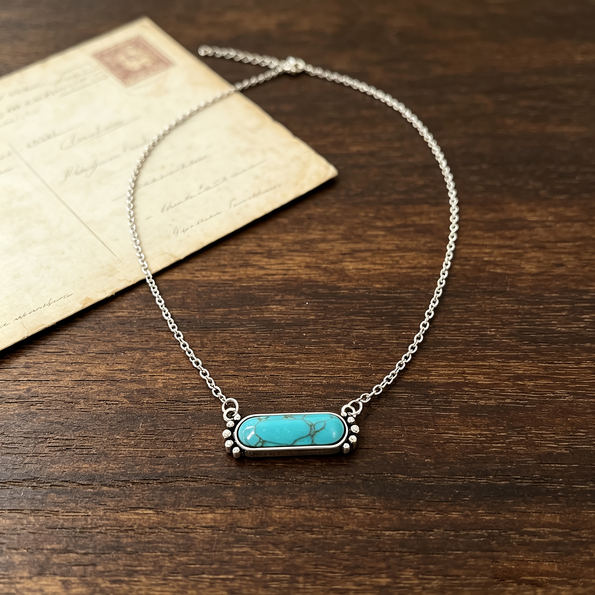 TEMU 1pc Bohemian Turquoise Necklace, Women's Vintage Ethnic Style Clavicle Chain, Western Style Ladies Daily Vacation Neck Chain
