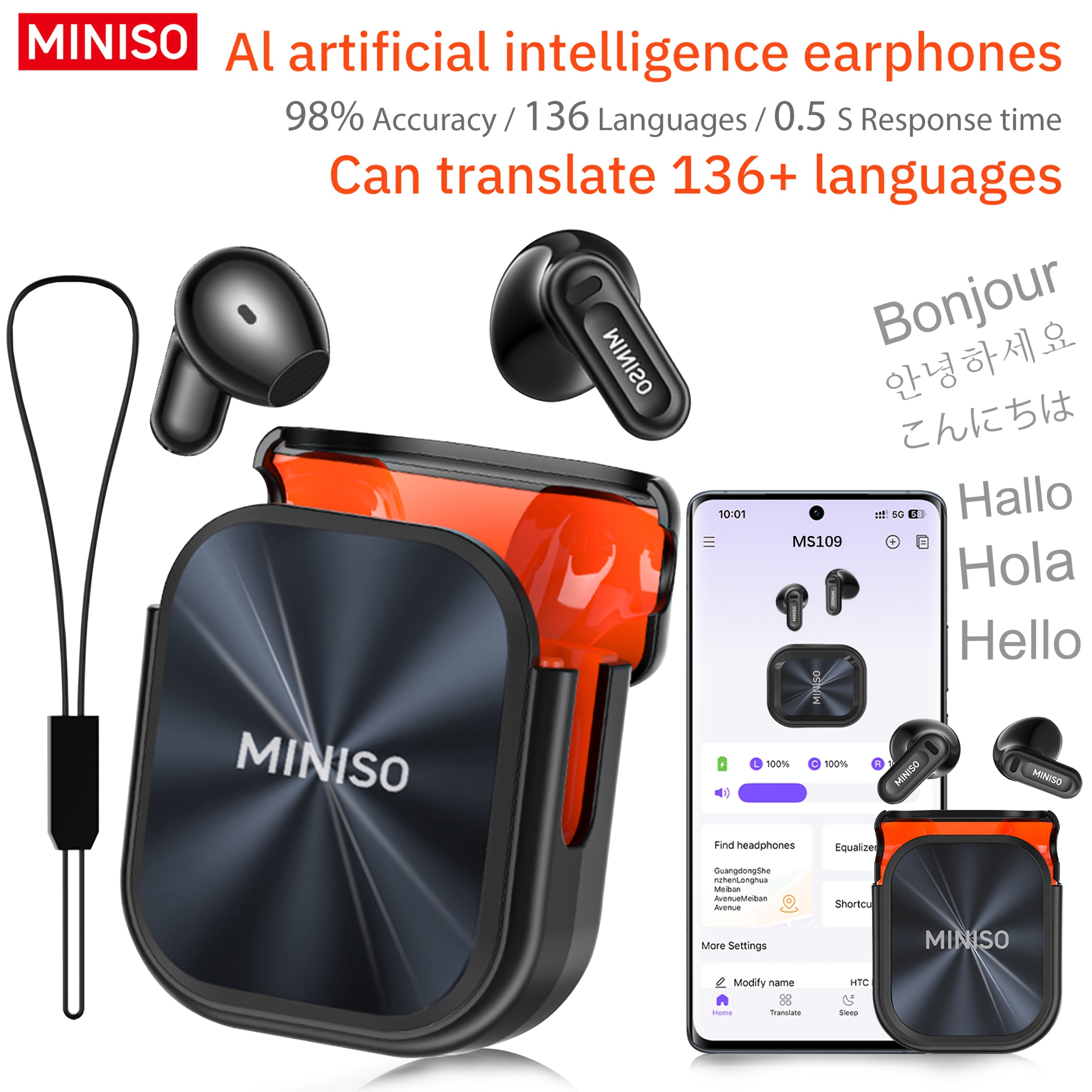Image of Miniso Ms190 Ai New 135 Language Translation Headphones, Real--to-face Translation, Open Ows Sports Design, Long Suitable For Birthday Gifts