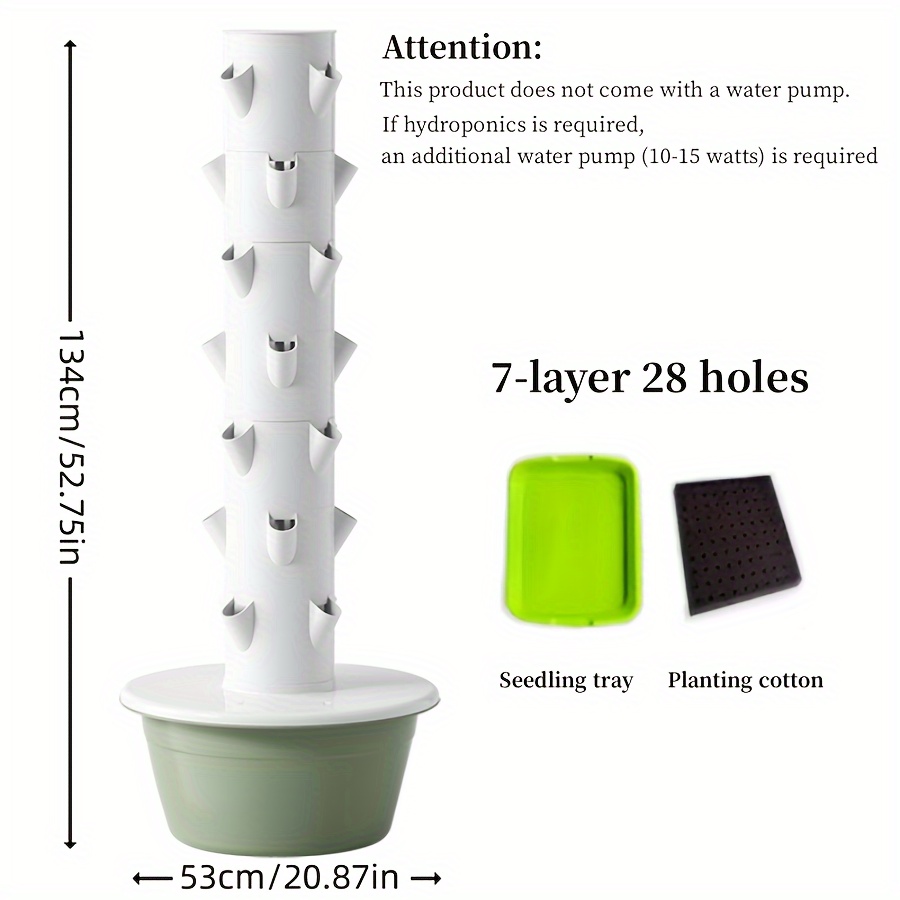 1pc Three-dimensional Hydroponic Tower, Multi-layer Vegetable Planting Flower Pot, ABS Plastic Strawberry Pot, Balcony Vegetable Pot, Indoor/Outdoor Soilless Cultivation System, Plant + Seedling Tray Not Including 10-15W Water Pump
