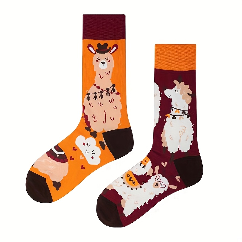 TEMU 1 Pair Of Men's Mid-calf Socks, Ab Asymmetrical Socks With A Cute Cartoon Alpaca Pattern, Fashionable And Trendy High-value Color- Men's Socks.