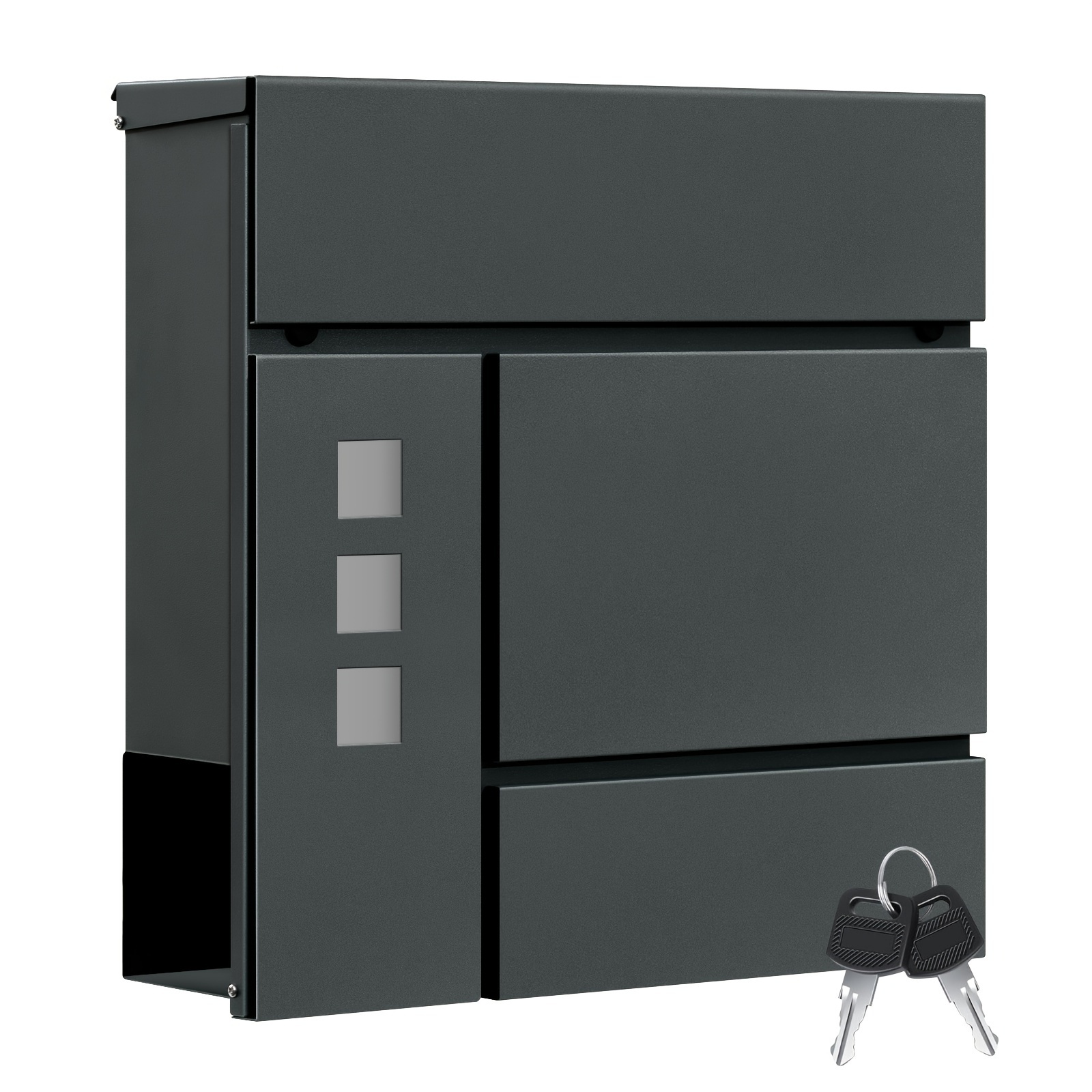 1 Unit Of A Mailbox Featuring A Compartment For Newspapers, A Viewing Window, And A Lockable Design. This Wall-mounted Mailbox With 2 Keys And Has Modern Dimensions Of 37x37x10.5 Cm