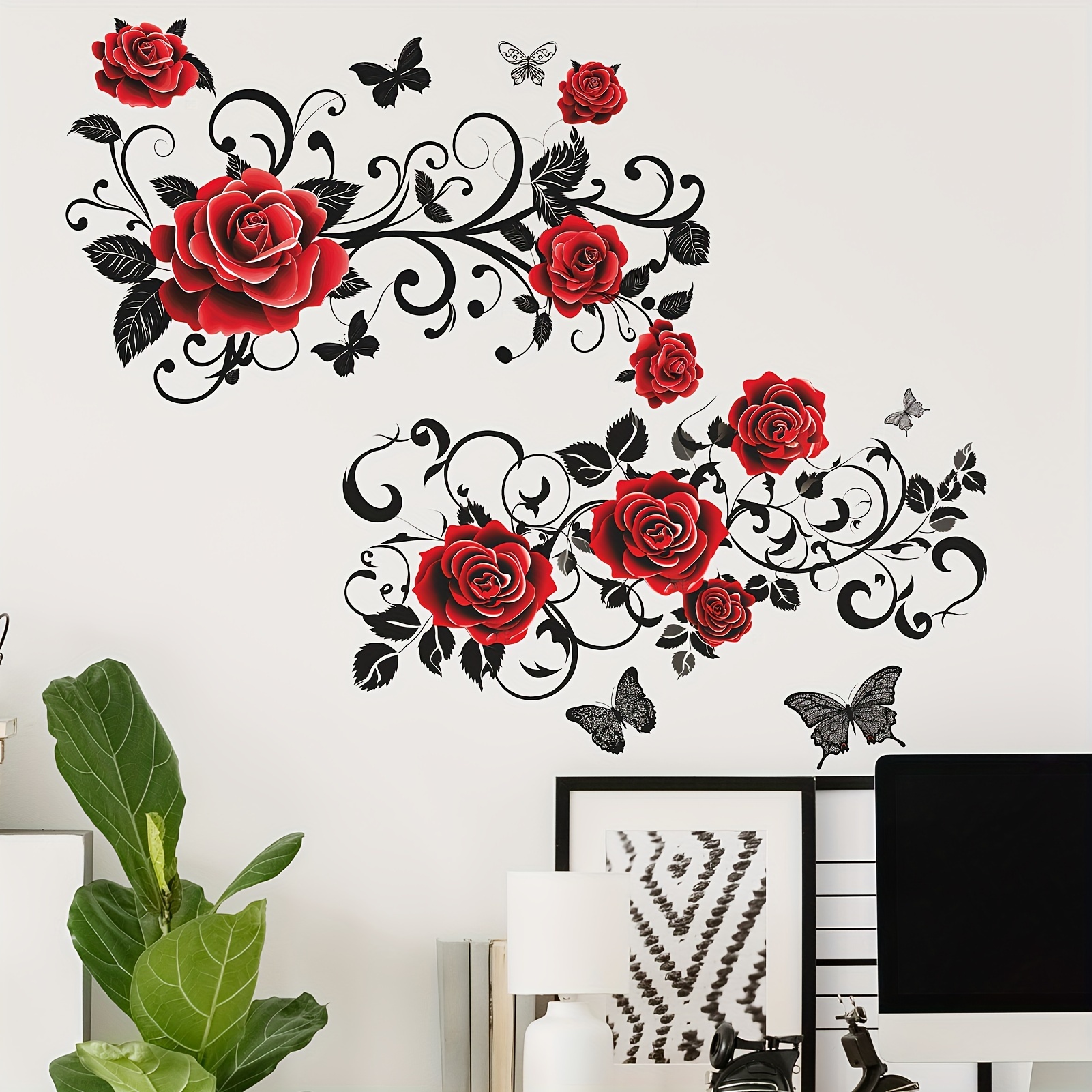 

1pc Pvc Red Rose Peony Floral And Black - Elegant Flower Vinyl Stickers For Bedroom, Living Room, And Kitchen Window Decoration