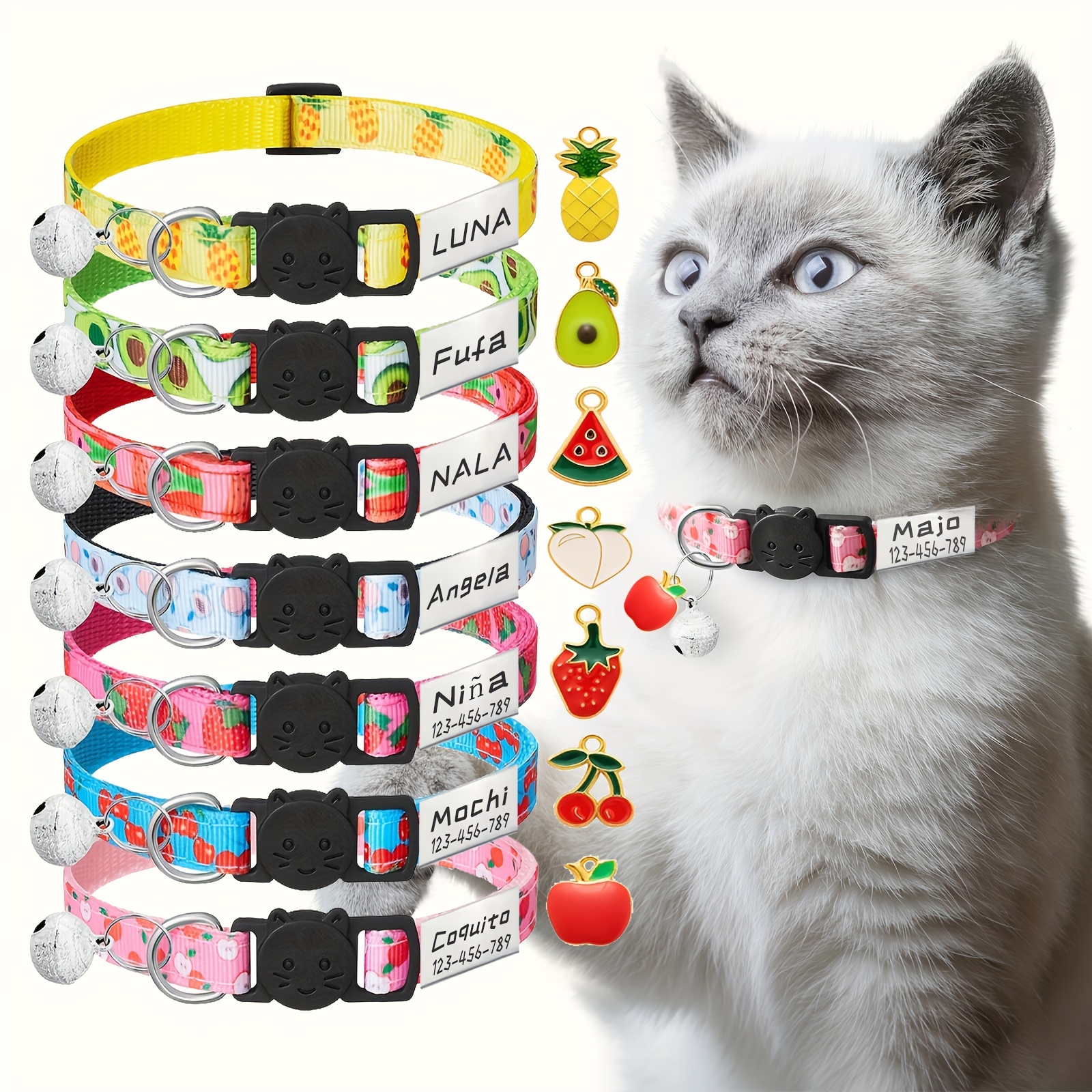 Katzenhalsband Mit Früchte-Muster & Glöckchen – 3 Stück Set, Verstellbar 20,3–30,5 Cm – Für Katzen & Kleine Hunde