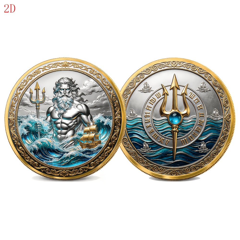 TEMU 1pc, Poseidon God's 2d Commemorative Coin With Ocean Mythology Theme, Alloy Material. Gift For Shipping, Trade, Maritime, Professionals