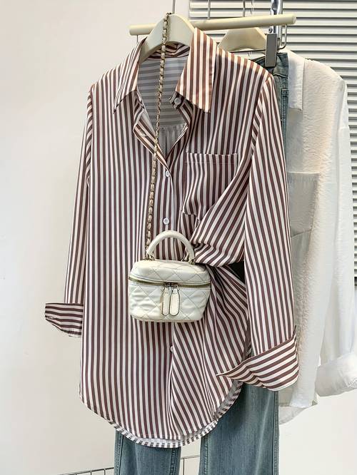 womens elegant striped button shirt with chest pocket long sleeve button up blouse for office casual attire vertical striation vertical stripes machine washable buttonshirt top no