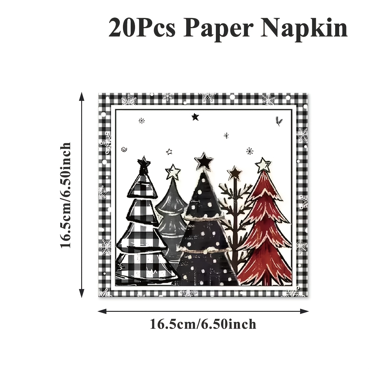TEMU Lot de 20 serviettes en papier de Noël, serviettes en papier à bordure à carreaux noirs et avec imprimé sapin de Noël vintage, décoration Noël,