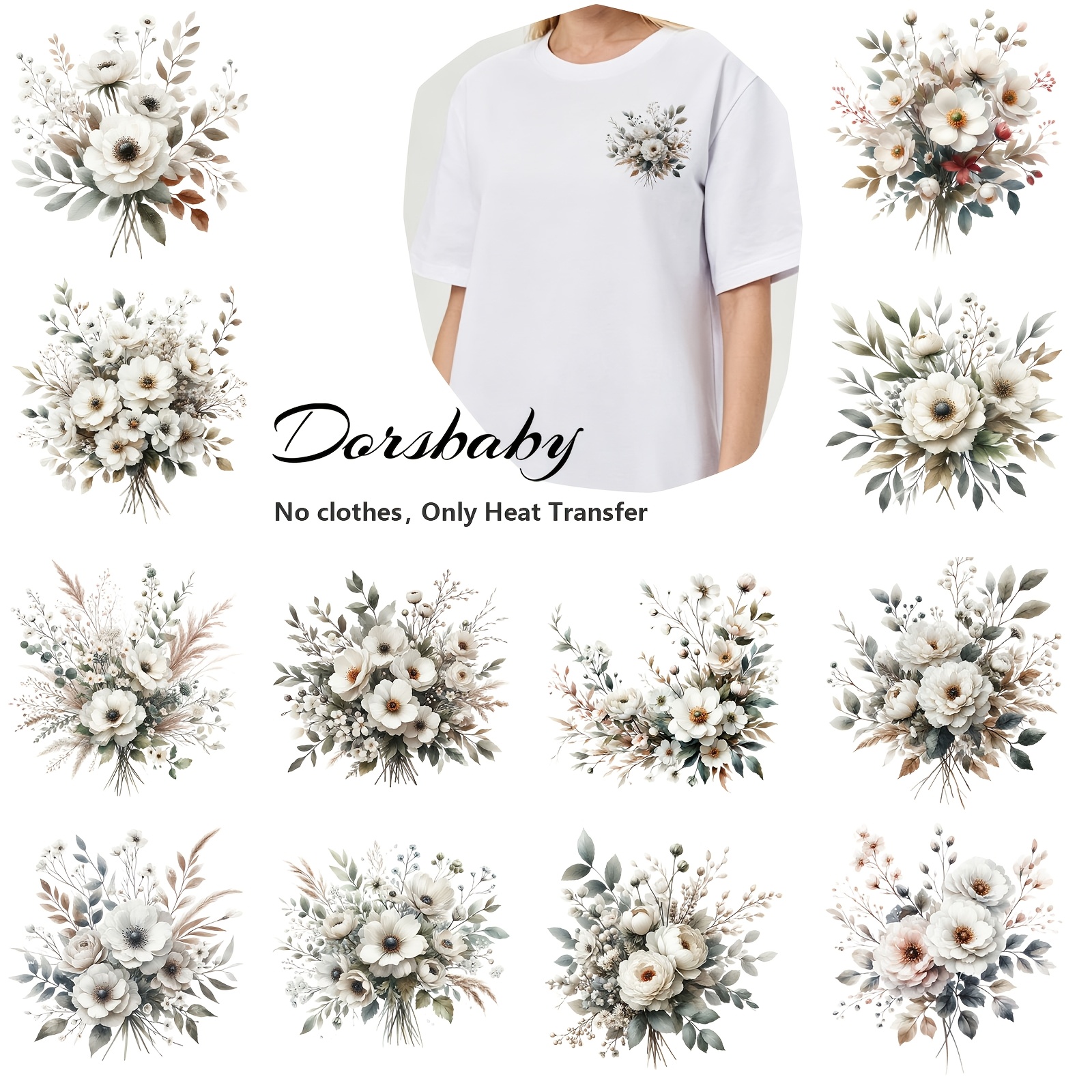 TEMU 12pcs/set Watercolor Rustic Flower Designs Iron On Transfers - Create Your On T-shirts, Garments & Accessories - Easy Diy Heat Press For Fashion