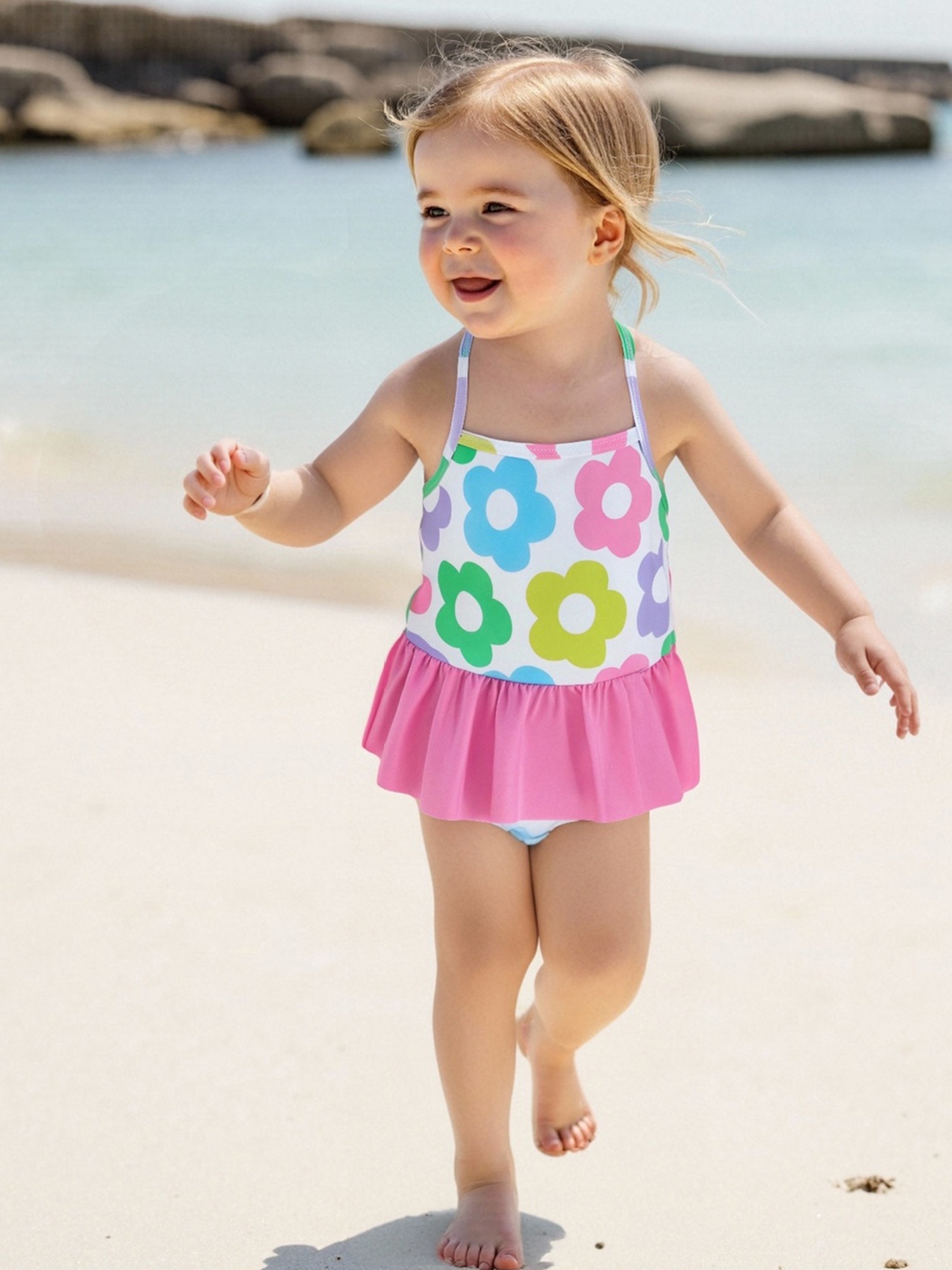 Povozer Toddler Kids Girl Swimsuit Floral Print Bowknot Sleeveless Bathing Suit Ruffles Summer Beachwear One Piece Swimwear Red 12 18 Months