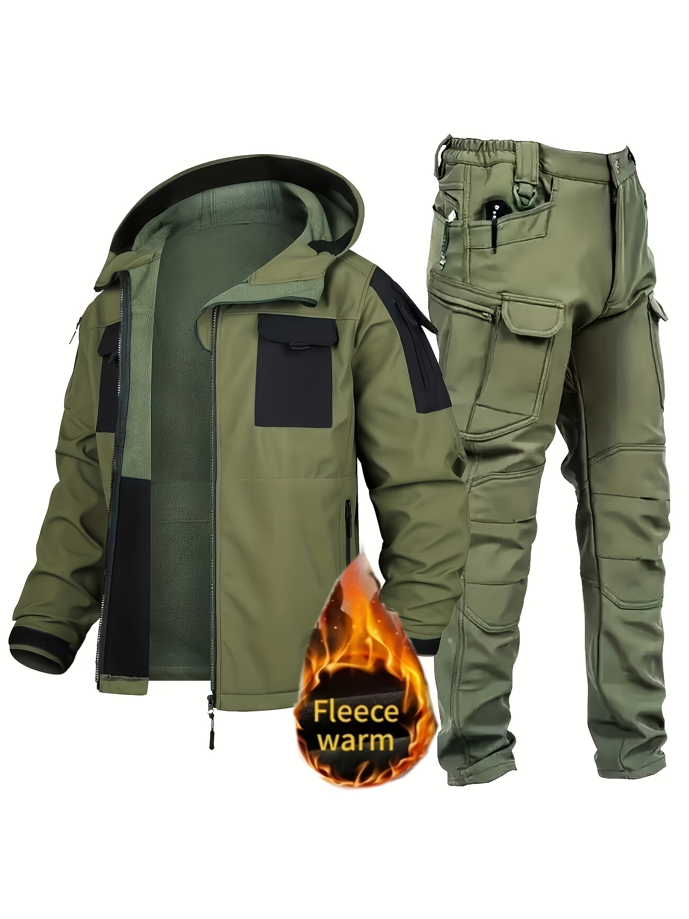 2-  vinter fleecefodrat varmt vindtätt set för män, flerficks enfärgad utility outfit, maskintvättbar slitstark rivtåligt tyg, lämplig för utomhusaktiviteter, jakt, träning, camping, ridning, vandring och bergsklättring