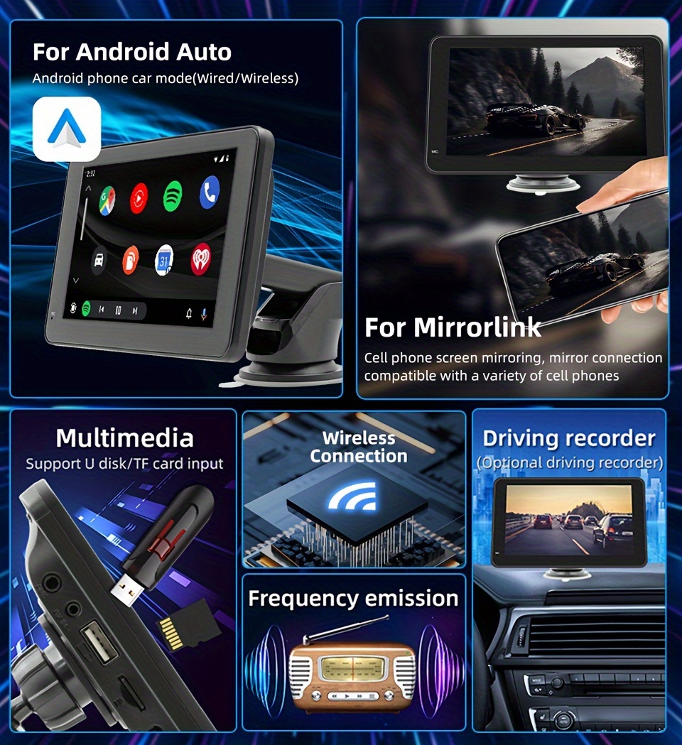 Acheter Hippcron – lecteur multimédia de voiture, moniteur d'affichage,  CarPlay, Android Auto, écran tactile Portable de 7 pouces, haut-parleurs  intégrés