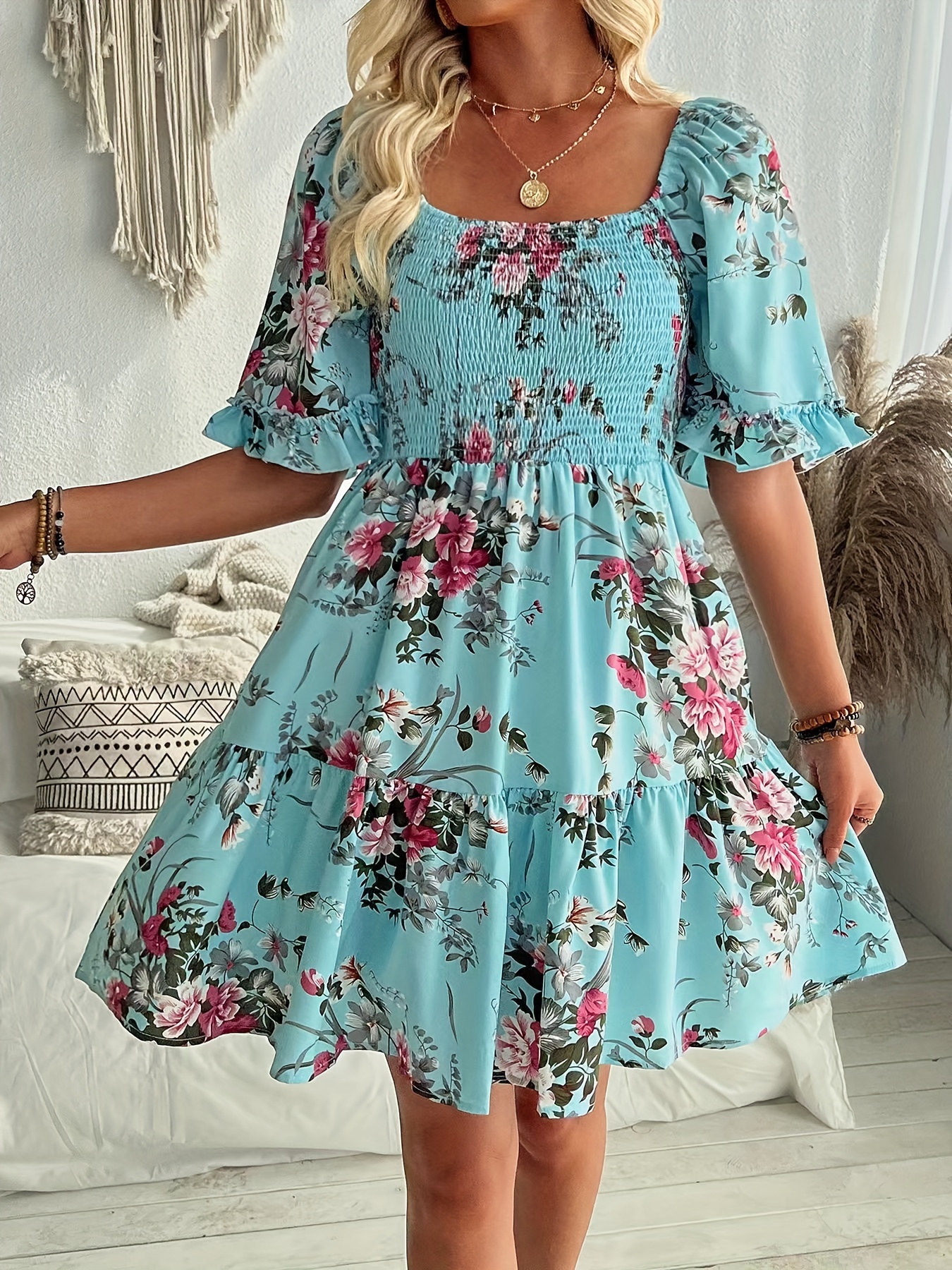 shirred floral neck dress elegant short sleeve - Temu