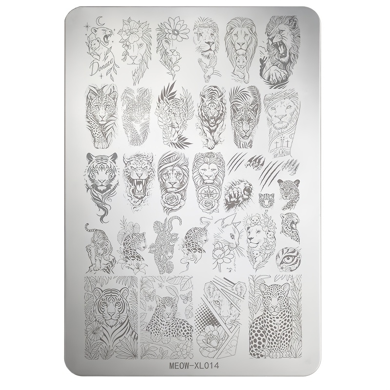 TEMU 1 plaque de pochoir pour ongles avec imprimé lion, tigre et léopard, modèle de transfert pour ongles en acier inoxydable avec animaux félins