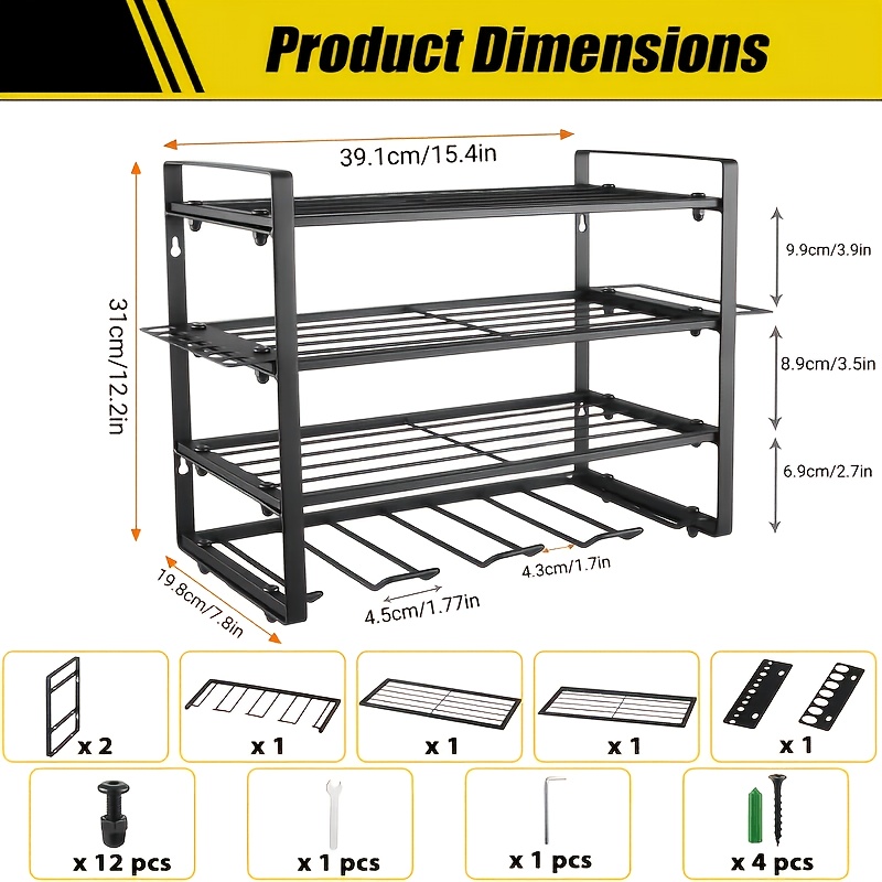 TEMU Étagère de Rangement Murale Robuste à 4 Niveaux pour Outils avec Porte-Tournevis et Porte-Marteau - Étagère à Plusieurs Niveaux pour Garage, ,