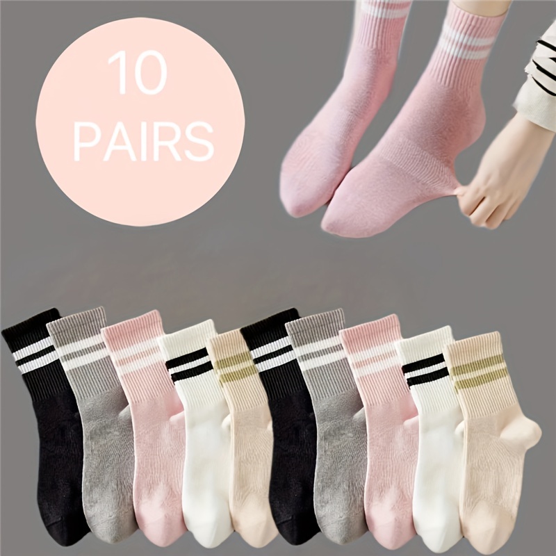 

10 Pairs Striped Crew Socks, Simple College Style Breathable Mid Tube Socks, Women's Stockings & Hosiery For Fall & Autumn