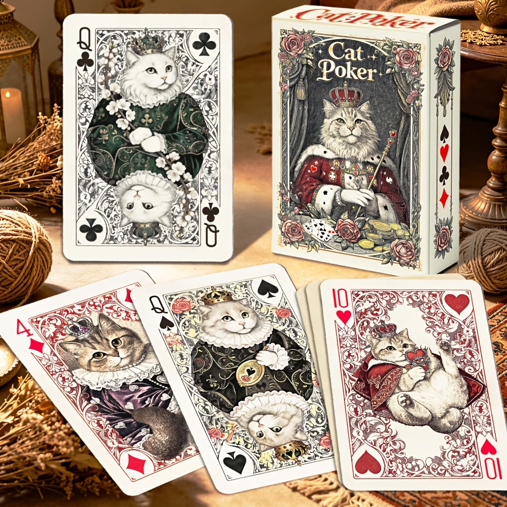 TEMU Jeu de cartes "Chats victoriens dans " : Accents en | 54 cartes de chats élégants avec bonnets et nœuds papillon, cadeau de qualité supérieure