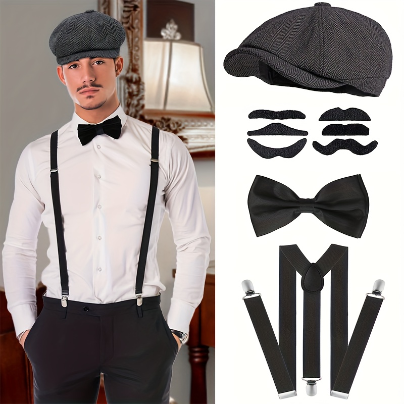 TEMU Ensemble Homme Vintage Gatsby 20S - Chapeau Fedora Noir, Nœud Papillon et Bretelles | Accessoires de Costume Tendance pour Soirée, Bal et