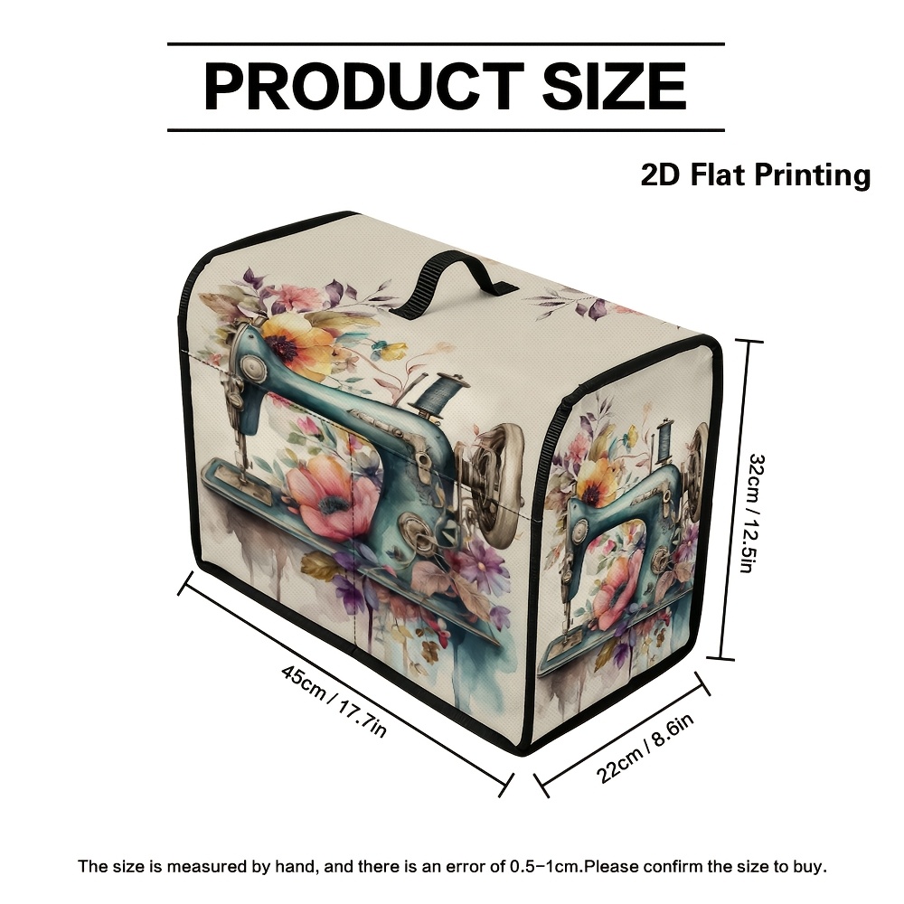 TEMU 1pc 2d Flat Vintage Sewing Machine Floral Artwork Style Quilted Sewing Machine Cover With Organizer Pockets And Top Carry Handle, Fits Most