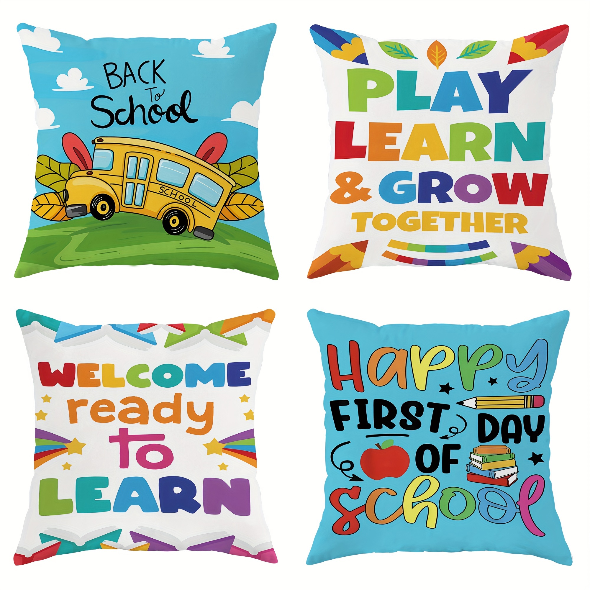 

Set Of 4 Back To School Throw Pillow Covers - Contemporary 18x18 Inch Decorative Cushion Cases With Zipper Closure For Classroom, Teacher, Student Gifts, Machine Washable Polyester, Playful Patterns