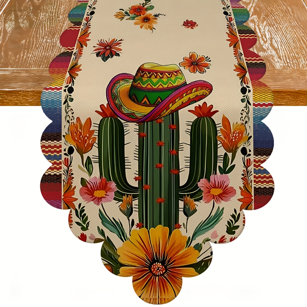 TEMU 1pc Mexican Cactus Table Runner, Colorful Border Sombrero Cactus Sunflower Print, Bohemian Style, For De Mayo & Decor
