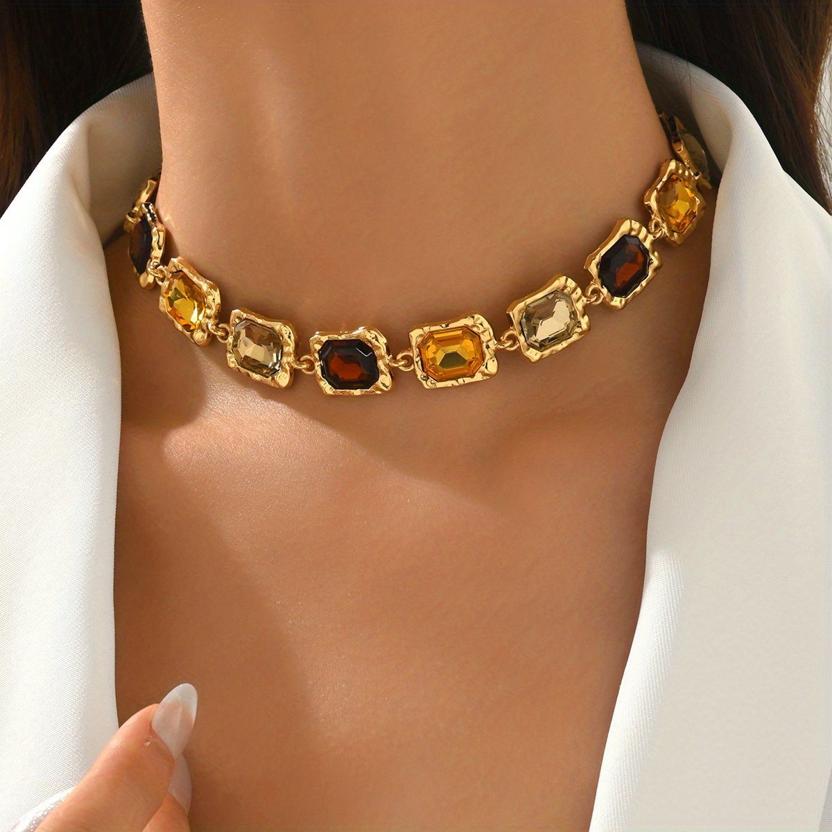 TEMU Collier Vintage de Luxe avec Incrustations Géométriques et Strass Colorés, Style Haut de Gamme du du Siècle, Chaîne Longueur Clavicule, Bijou de