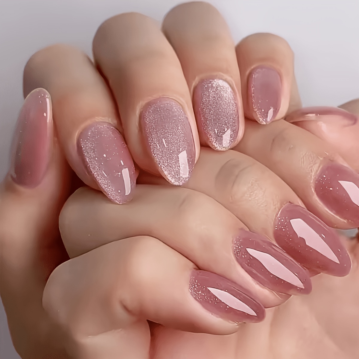 TEMU 96 stuks korte amandelvormige glanzende nude roze kattenoog-design - Natuurlijke opdrukbare nagelstickers, Trendy modieuze nailart-stickers,