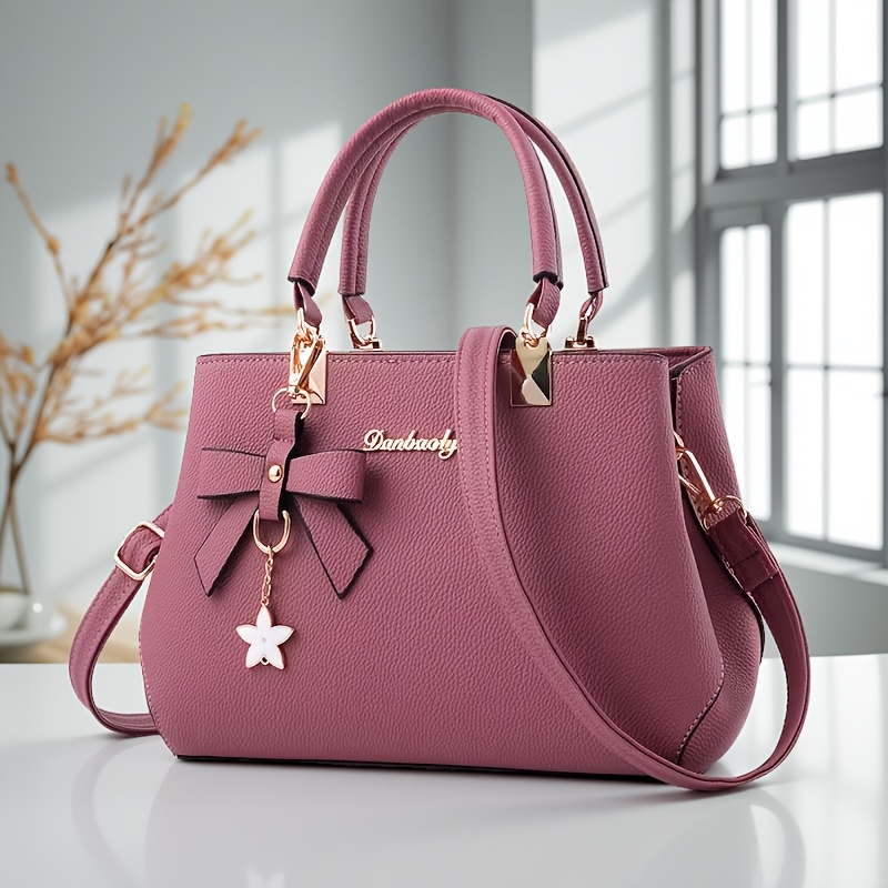 TEMU Women's Purse Set, Stylish Pu Tote Handbag With Matching Card Wallet, Bow Charm Shoulder Bag For Work, Shopping & Crossbody Bag