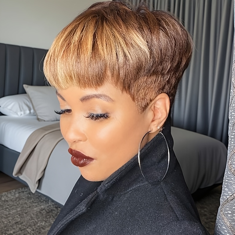 TEMU Short Synthetic Wigs Designed For Women, Featuring A Blend Of Hair. Straight Wigs Come -tone Styles, Showcasing Layered Short Hairstyles In Blonde And Brown