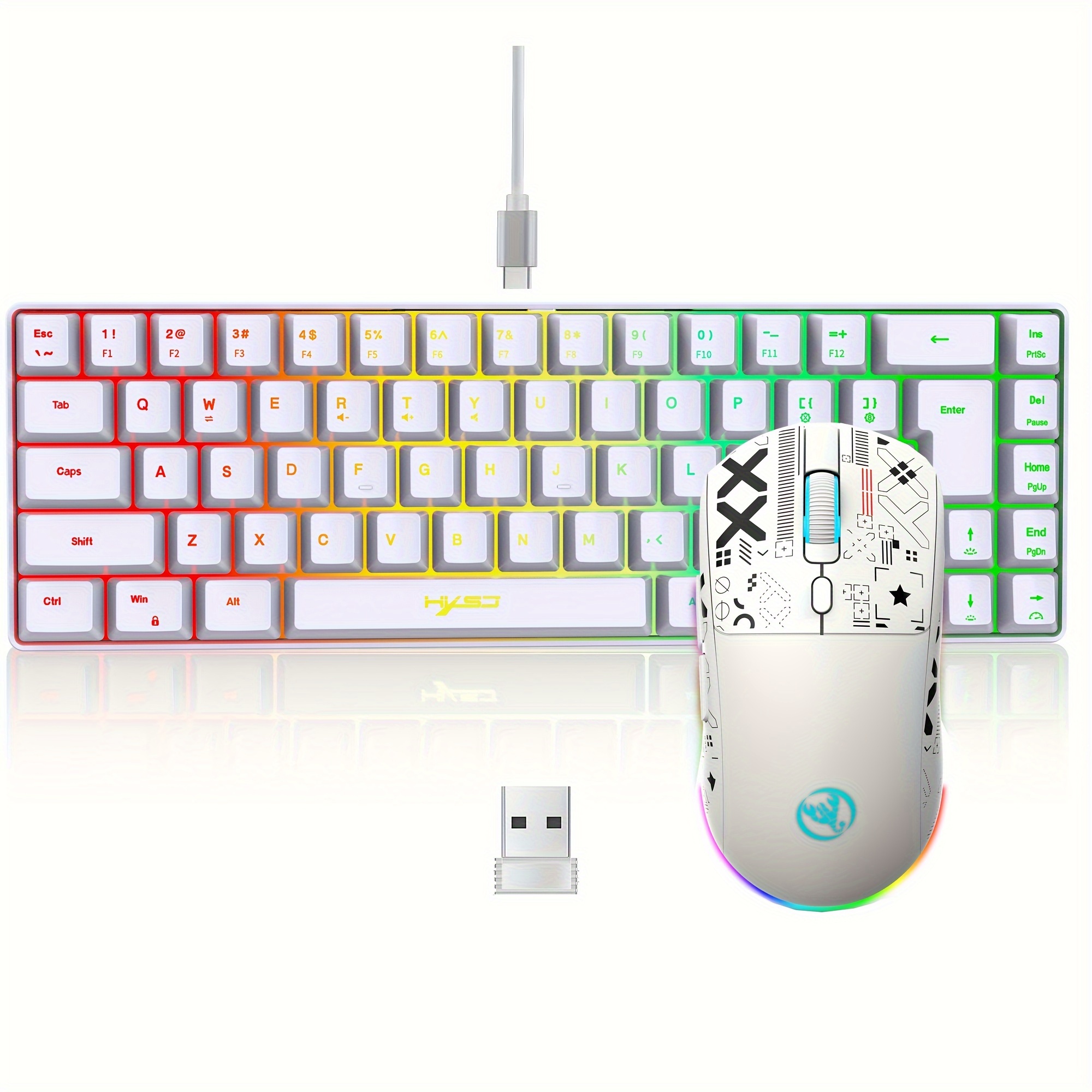 Image of Hxsj - Rgb Wired Film Keyboard + Wireless Rgb Mouse | 68 Key, 60% , Ergonomic, Portable, Suitable For Gaming And Business Travel, Beautiful To Carry, Type-c Port Charging