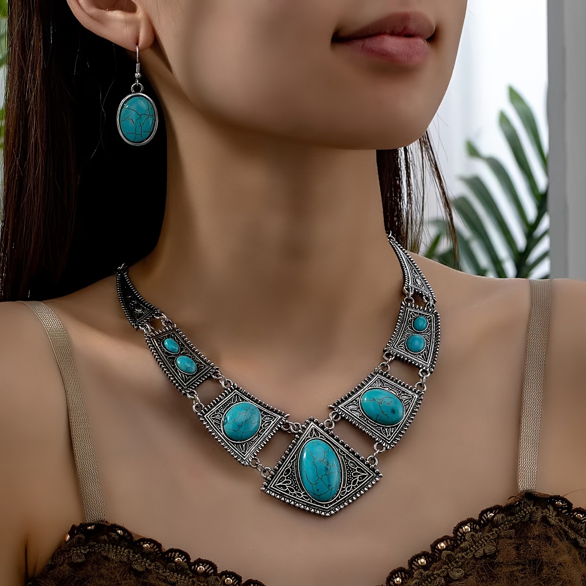 

Bohemian Style Turquoise Pattern Jewelry Set, Vintage Western Luxurious Exaggerated Metal Necklace And Earrings Set, Retro Boho Fashion Accessory