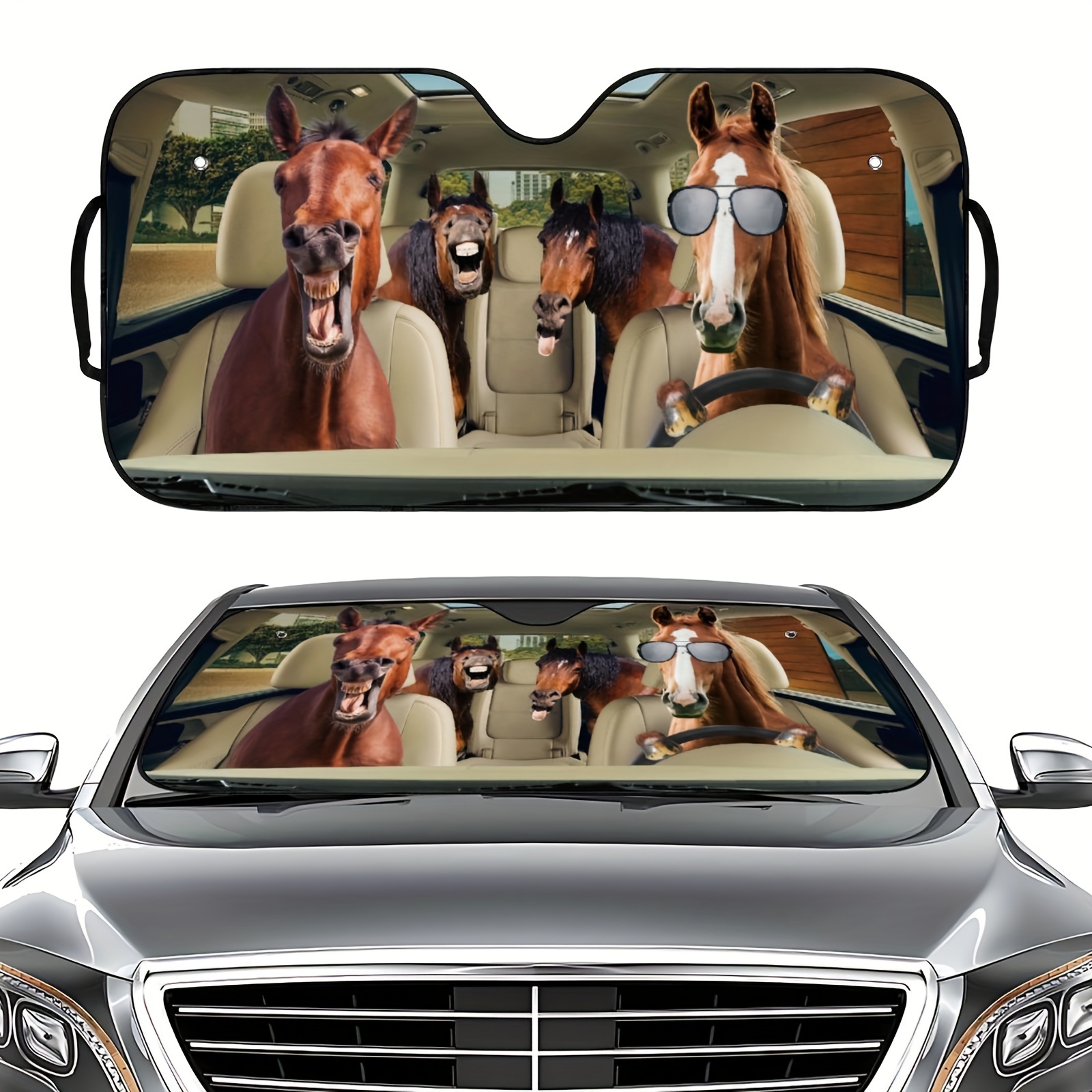 

1pc Horse With Fashion Glasses Print Car Sunshade - Fit, Polyester Front Windshield Protector For