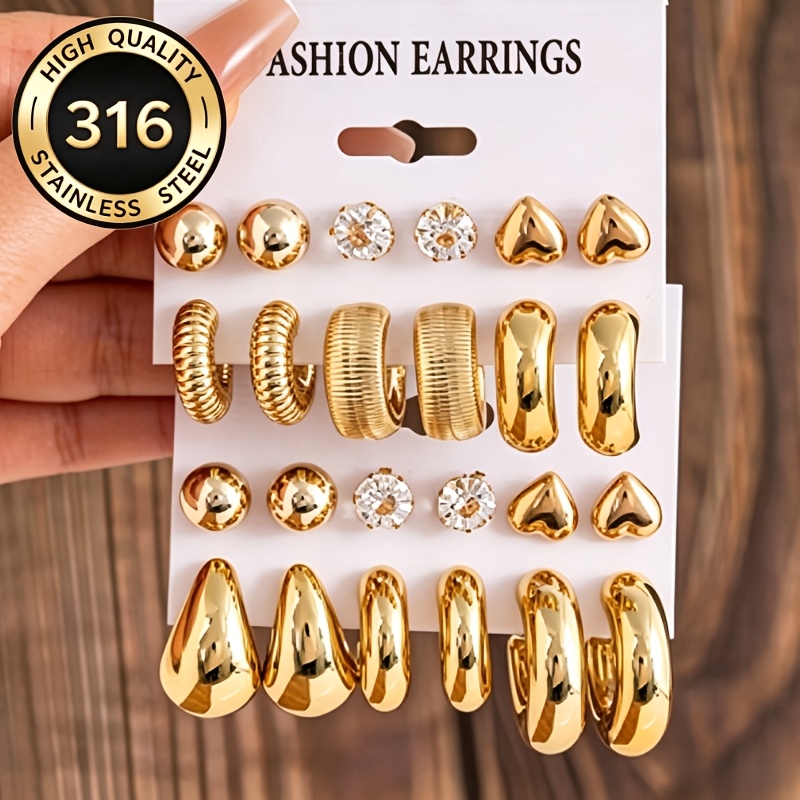 TEMU 24pcs Fashionable Light Luxury Heart-shaped Ear Cuffs Geometric Earring Set, Irregular Design Women's Fashion Jewelry, Wear, Suitable For Daily