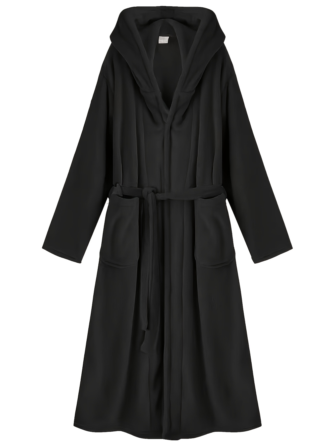 Men's Long Black Fleece Bathrobe with Double Hood - Soft, Breathable, Adjustable Belt, Solid Color, Ideal for Autumn/Winter Comfort