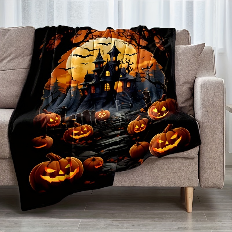 TEMU 1 Halloween-themed Blanket, Featuring Designs Of Spooky Castles, Pumpkins, And Bats, Suitable For Use On Sofas, Beds, Or For Travel And Camping.
