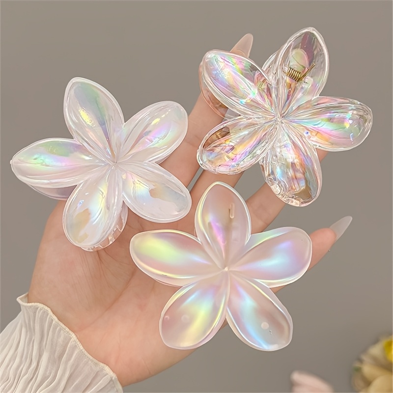 3 piezas de clips de pelo de frangipani láser elegantes - Flores de acrílico centelleantes con lentejuelas para niñas, perfectas para excursiones de verano a la playa y decoración al aire libre, accesorios de playa | Accesorios de pelo florales | Clip de pelo de acrílico, accesorios de playa