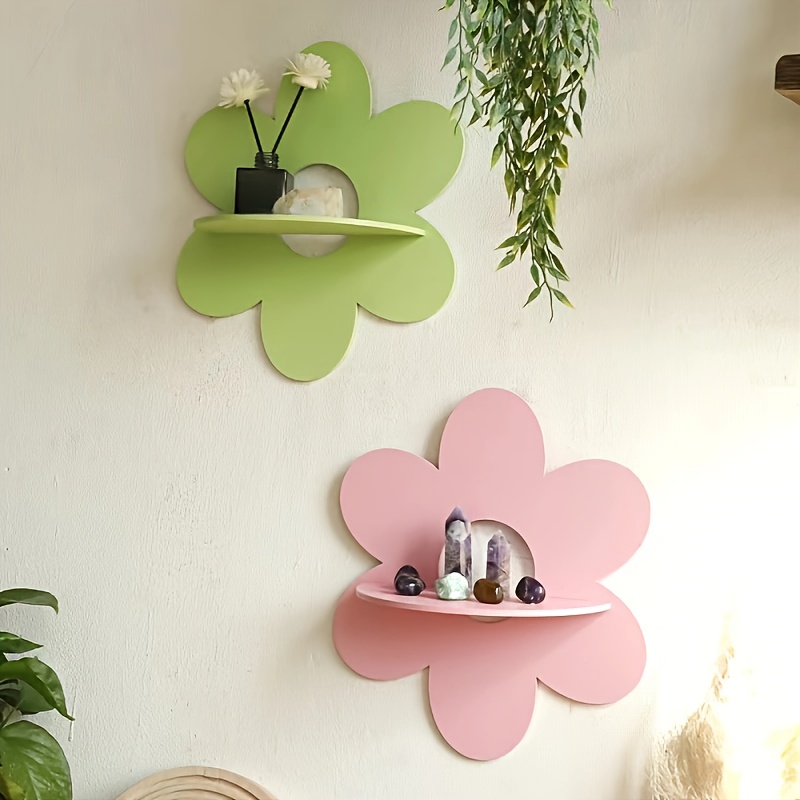 

Chic Wooden Flower-shaped Wall Shelf For Crystals & Decor - Versatile Floating Storage Rack For Living Room, Bedroom, Office, And Bathroom