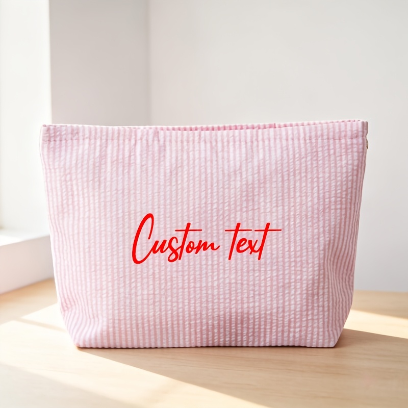 TEMU Neceser de Seersucker con / Personalizadas - Bolsa de con Cremallera y Rayas Azules, para , Viajes, Uso Diario - Regalo para Cosméticos