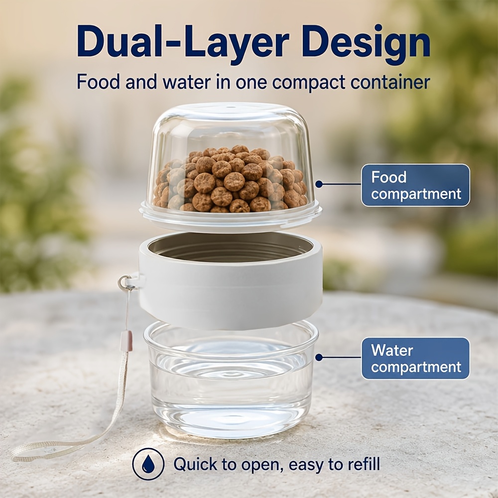TEMU 2-in-1 Portable Pet Food And Water Container, 150ml X 2-layer Travel Pet Feeding Cup With Handle, Transparent Food Storage Jar And Water Cup,