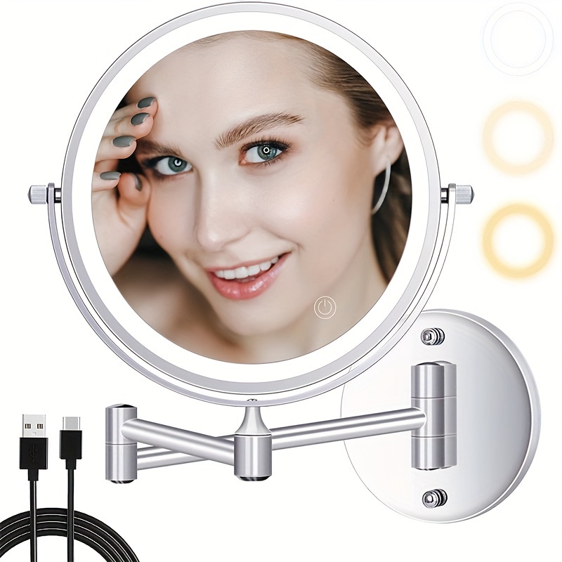 

Rechargeable Wall Mounted Lighted Makeup Mirror 8 Inch Double Sides 1x/10x Magnifying Led Makeup Mirror 3 Color Light Touch Screen Dimmable 360° Swivel Extendable Bathroom Mirror Shaving Mirror-chrome