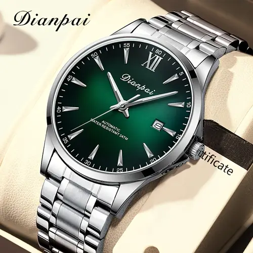 new mens fashionable and stainless steel strap business automatic mechanical watch casual versatile calendar night light multifunctional watch gift without battery