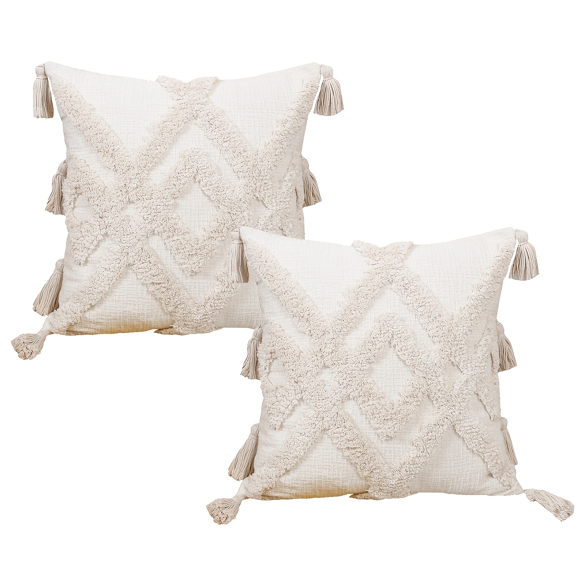 2pcs, Boho Chenille Tufted Throw Pillow Covers, Square White Polyester Decorative Pillow Cases With Tassels For Couch Sofa Bedroom Living Room, 18x18 Inch, No Pillow Insert