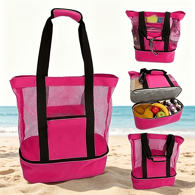 TEMU 1pc Large Capacity Beach Tote With Cooler Compartment & Insulation Suitable For Pool, Picnic, Camping, Travel - Lightweight Cooler Bag, Zippered
