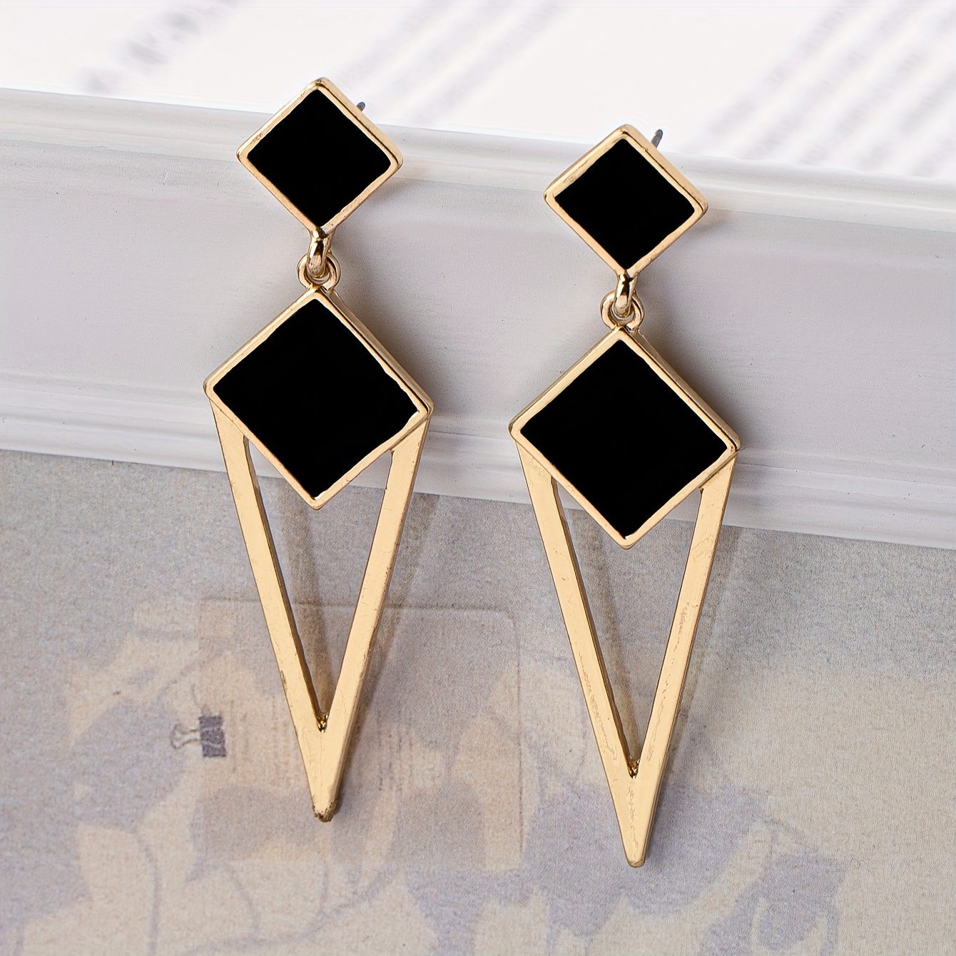 elegant geometric dangle earrings 18k gold plated zinc alloy with black enamel accents sexy drop earrings for women ideal for   parties   details 5