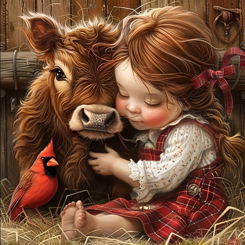 

5d Diy Diamond Painting Kit For Adults - Round Acrylic Diamond Cartoon Theme Embroidery Art Craft, Full Drill Stitch Home Wall Decor With Highland Cow And Bird