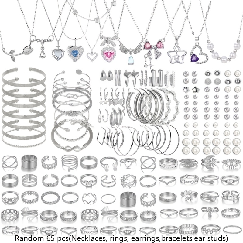 TEMU Random 36/65pcs Set For Women, Bow Necklace, Ring, Stud Earrings, Bracelet, Bangle Jewelry Set, Suitable For Parties, Valentine's Day Gift For