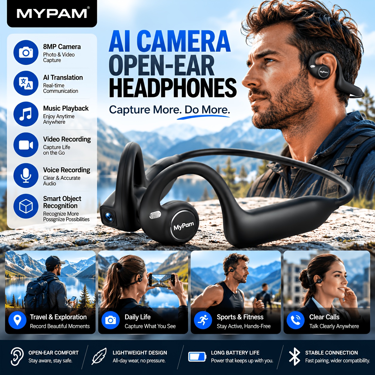 open ear wireless bluetooth sports headphones with built in 8mp camera smart shooting control audio recording translation function hands free wearable video headset lightweight ear hook design for cycling driving travel and daily use