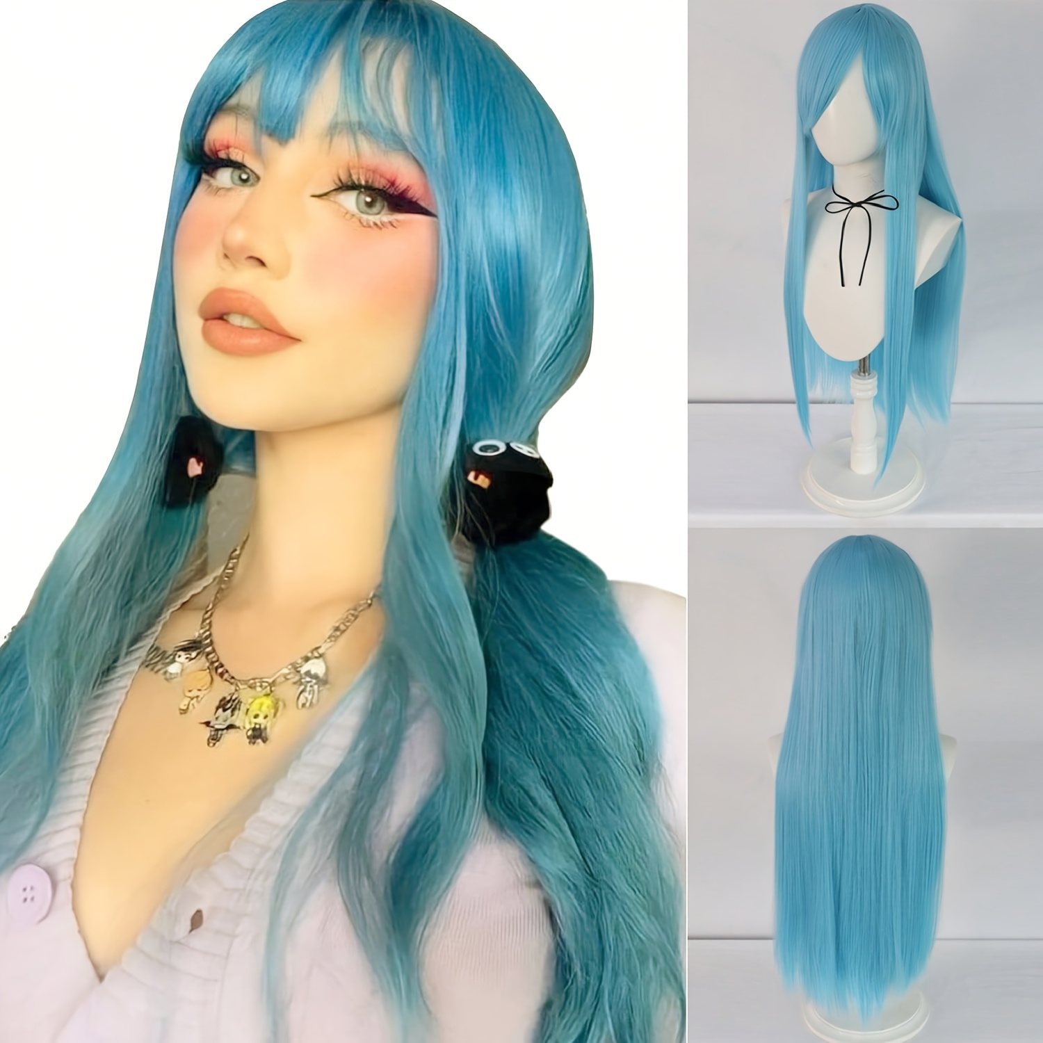 long blue wig designed princess cosplay featuring bangs Temu